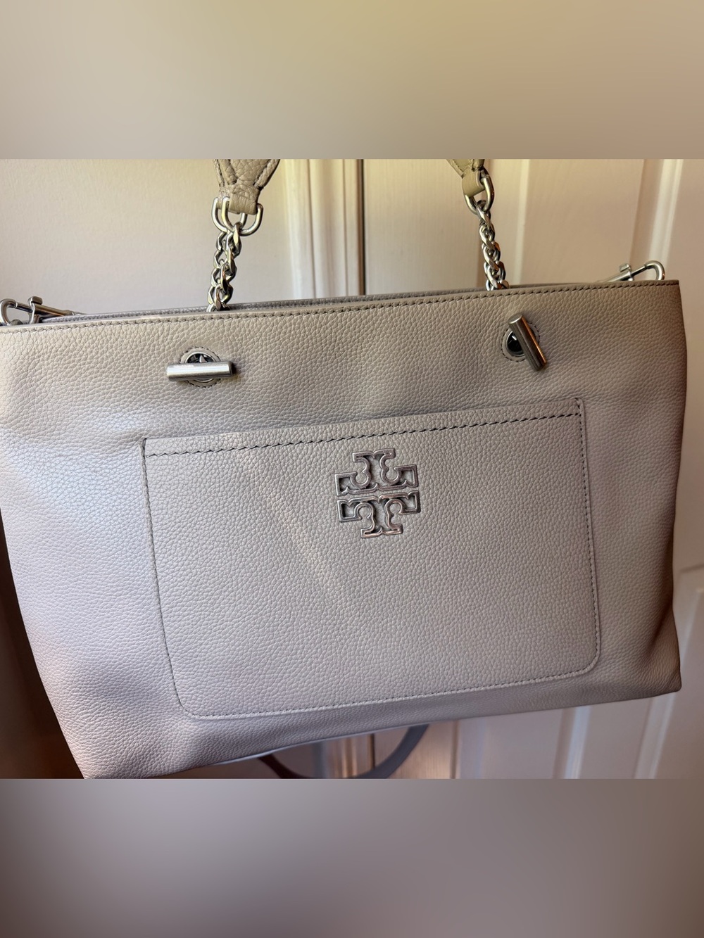 Tory Burch Pebbled Leather Tote in Light Gray